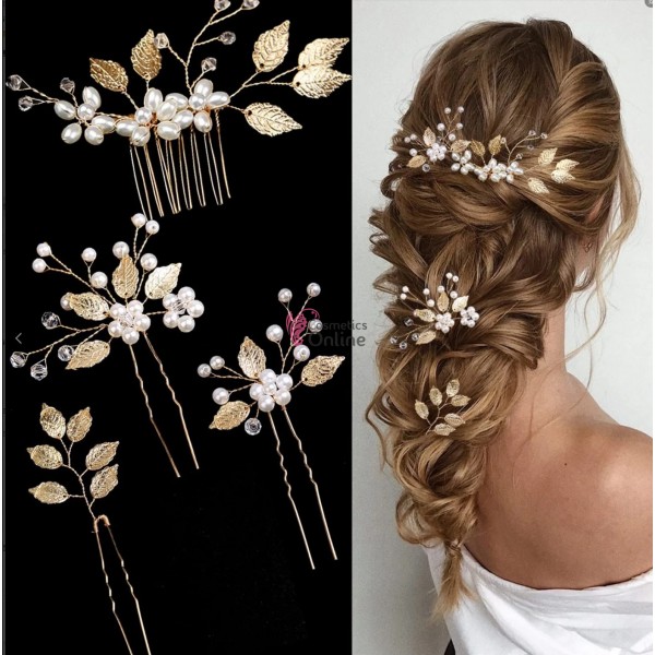 Ace metalice pentru par ACM006HH Aurii cu perle si cristale de mireasa, set 4 bucati